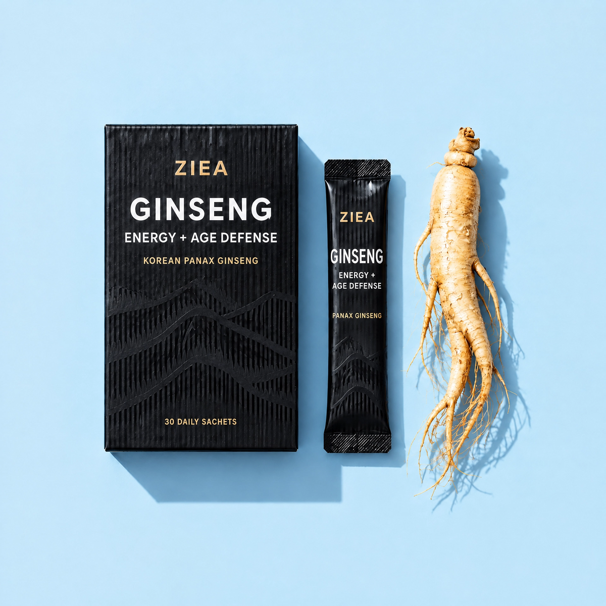 ZIEA black ginseng box, long sachet and fresh ginseng root