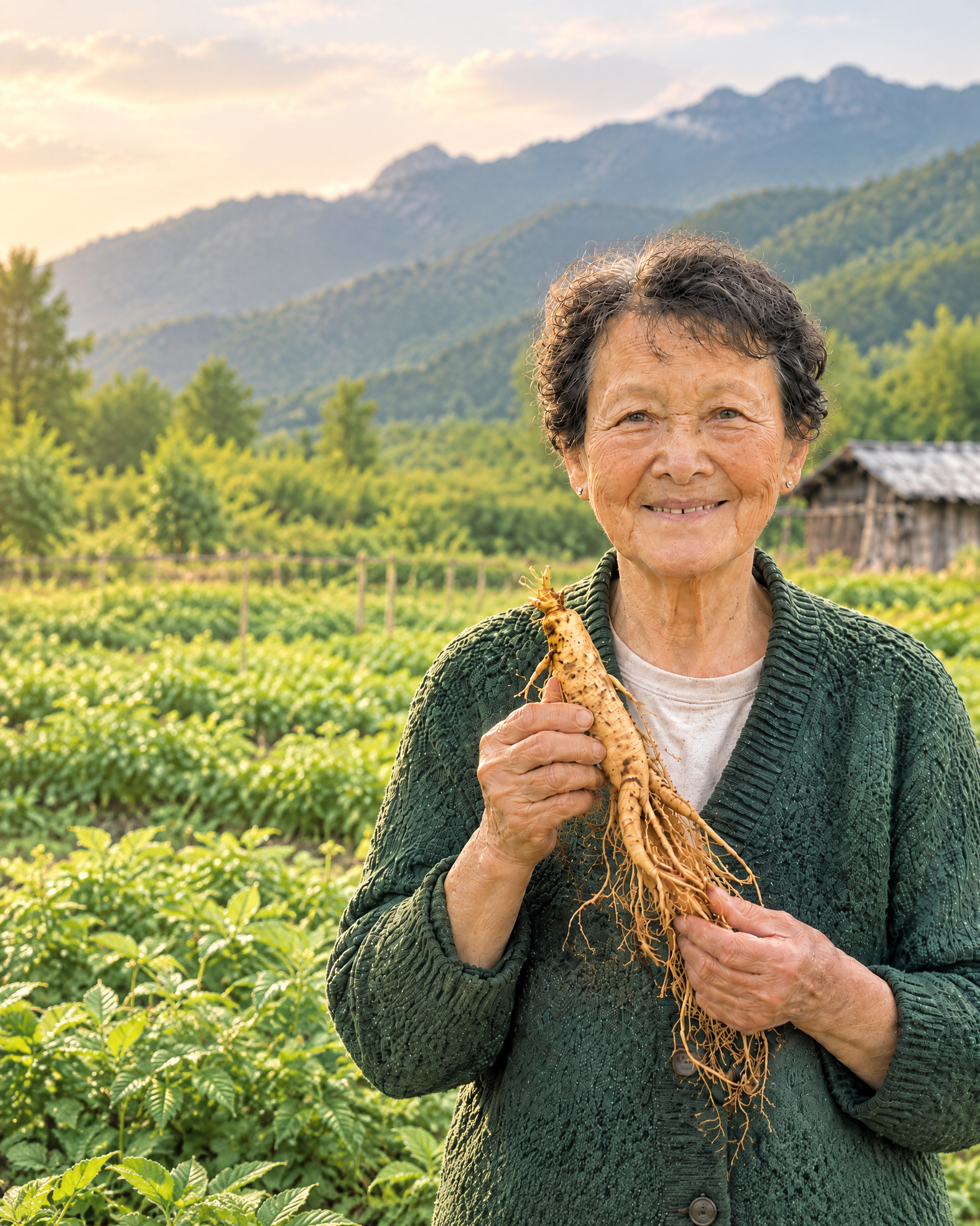 Sunlit older woman holding a fresh ginseng root in Yanji