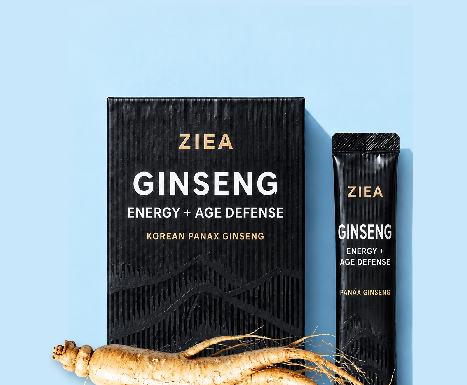 ZIEA black ginseng box, stick sachet and ginseng root