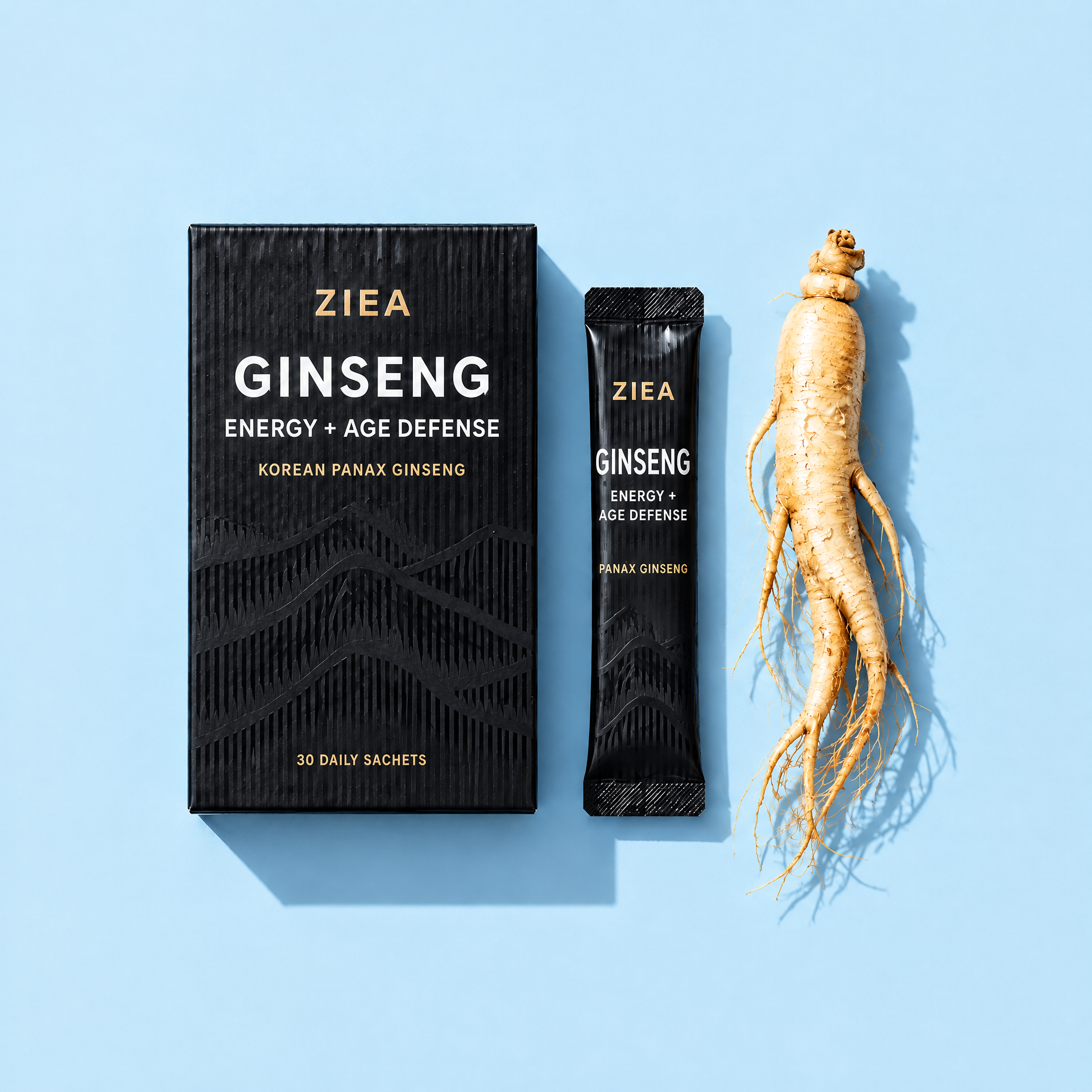 ZIEA black ginseng box, long sachet and fresh ginseng root