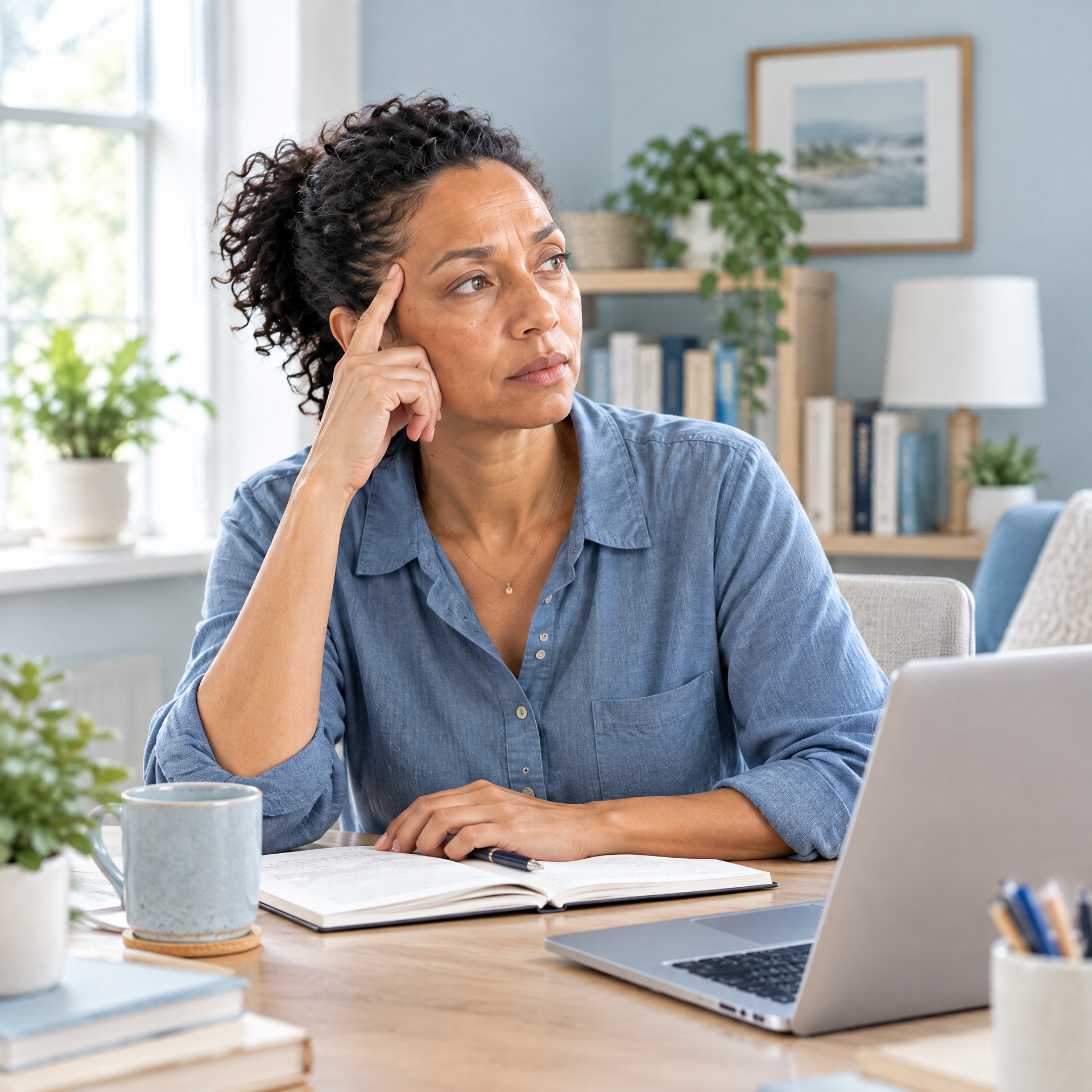 Distracted woman at a home office