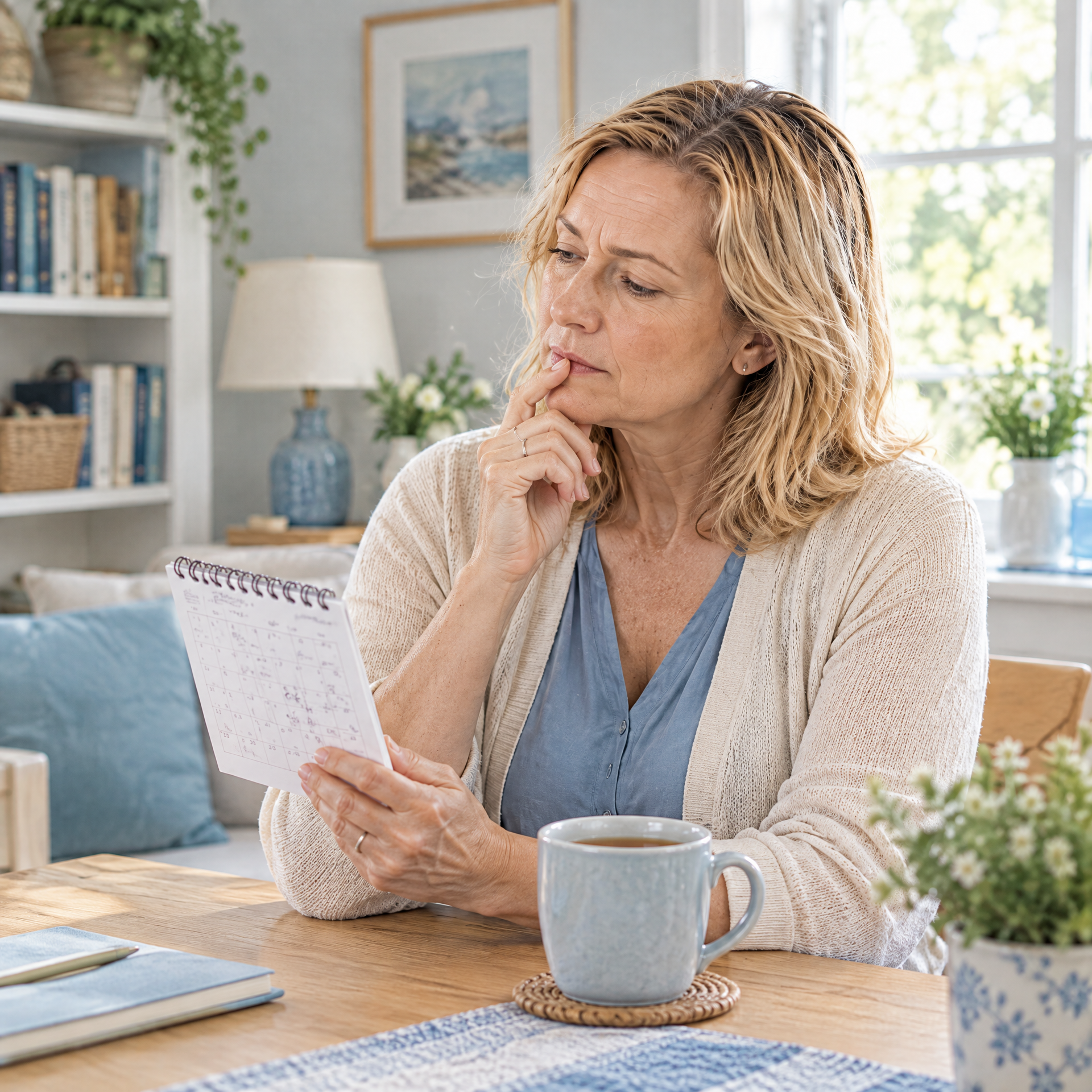 Woman thoughtfully looking at a calendar
