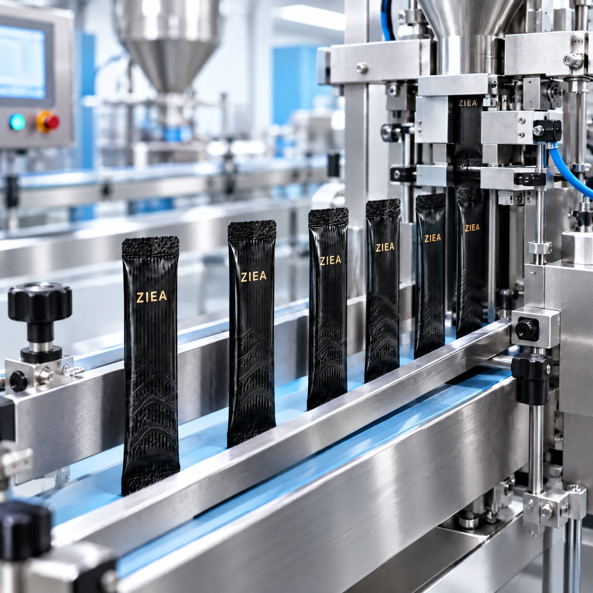 Black ZIEA ginseng sachets on a production line